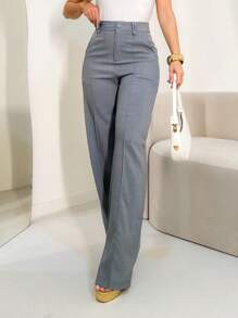 FASHION MO FEMININE - AS1331 Women's Palazzo Pants, High Waist, With Side Pockets, Romantic Fabric, Elegant, Formal, Modern, National Shipping MIRELLASANTOS New Collection 2024 - 灰色 - 查看 3