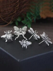 GuoShuang 5pcs Adjustable Animal Insect Rings Gothic Dragonfly Butterfly Moth Rings