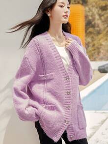 Áo khoác cardigan dệt kim đơn hàng khuy đơn giản, rộng rãi, cổ chữ V màu tím hồng của VICTORIA&VERA mùa thu mới của VICTORIA&VERA - Hồng - Xem 3