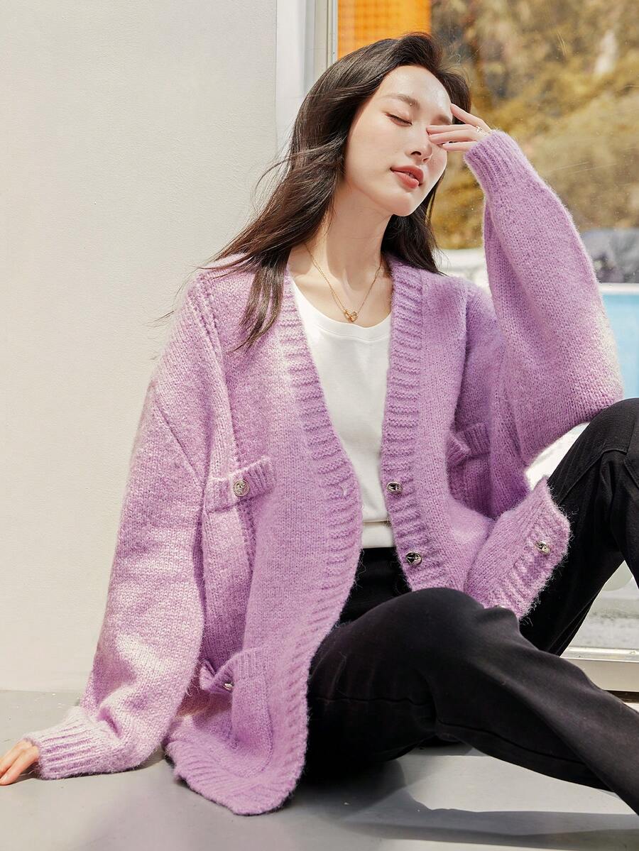 Áo khoác cardigan dệt kim đơn hàng khuy đơn giản, rộng rãi, cổ chữ V màu tím hồng của VICTORIA&VERA mùa thu mới của VICTORIA&VERA - Hồng - Xem 1