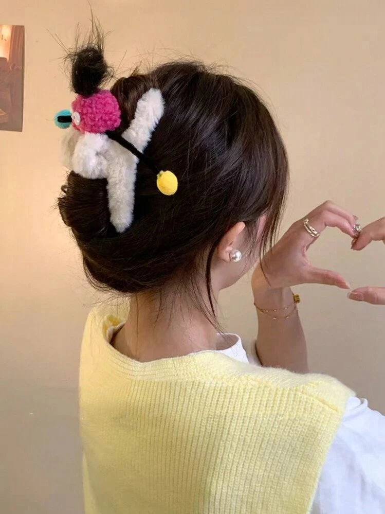 1pc Multicolor Cute Plush Hair Claw For Women, Back Head Clip, Everyday Use & Stage Performance,Hair Accessories,Claw Clips,Hair Jaw Clip,Hair Clutch Fall Winter Hair Clip For Vacation Outfits Woman - Multicolor - View 3