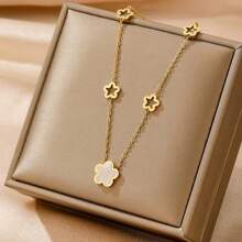 1入不銹鋼雙層疊疊樂五片花墜墜頸鍊時尚女士多件配飾禮物珠寶女孩 - 金色 - 查看 13