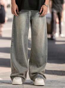 Men Mid-Waist Non-Stretch Distressed Jeans - Dusty Blue - View 1