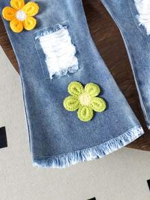 Set van 2 stuks babymeisjes, casual schattig bloemenpatroon, sweatshirt met lange mouwen + dunne spijkerbroek, lente en herfst