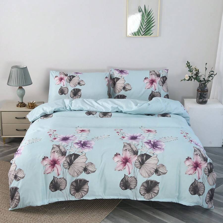 3 件套 100% 涤纶拉绒花卉柔软羽绒被套套装（1 个羽绒被套 + 2 个枕套），不含填充物 - 菲青 - 查看 1