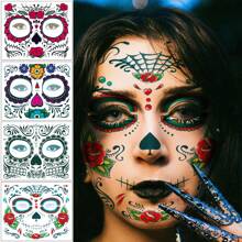 4pcs Halloween & Day Of The Dead Waterproof Temporary Face Tattoos Stickers - Realistic, Colorful Makeup Stickers For Parties & Pranks - Multicolor - View 7
