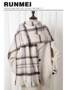 1pc Thick Black And White Striped Scarf For Women, European And American Style Faux Cashmere Plaid Warm Plaid Tassel Shawl Blanket  Winter Fall - White - View 1