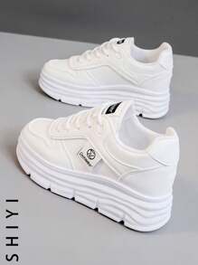 Women's White Casual Shoes, Sports Shoes, 2024 Spring/Summer Autumn New Style, Outdoor Thick Sole, Height Increasing, Fashionable And Versatile Vacation Style, Student Outdoor Hiking, Mesh Breathable Skateboard Shoes, Flat Chunky Sneakers, Lightweight Women's Shoes - White - View 2