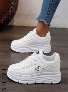 Women's White Casual Shoes, Sports Shoes, 2024 Spring/Summer Autumn New Style, Outdoor Thick Sole, Height Increasing, Fashionable And Versatile Vacation Style, Student Outdoor Hiking, Mesh Breathable Skateboard Shoes, Flat Chunky Sneakers, Lightweight Women's Shoes - White - View 8