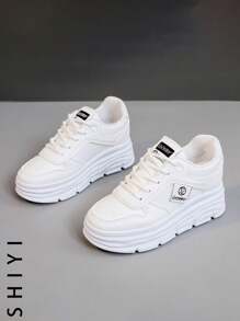 Women's White Casual Shoes, Sports Shoes, 2024 Spring/Summer Autumn New Style, Outdoor Thick Sole, Height Increasing, Fashionable And Versatile Vacation Style, Student Outdoor Hiking, Mesh Breathable Skateboard Shoes, Flat Chunky Sneakers, Lightweight Women's Shoes - White - View 4