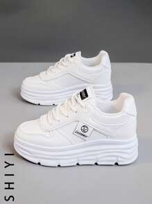 Women's White Casual Shoes, Sports Shoes, 2024 Spring/Summer Autumn New Style, Outdoor Thick Sole, Height Increasing, Fashionable And Versatile Vacation Style, Student Outdoor Hiking, Mesh Breathable Skateboard Shoes, Flat Chunky Sneakers, Lightweight Women's Shoes - White - View 3