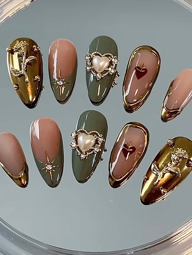 10Pcs Handmade Vintage Cute 3D Floral Rhinestone Accent, Beige, Olive Green, Gold Star Heart Rose 5D Nail Art Decor, Baroque Retro Elegant Noble, Soft Vibe, Suitable For Autumn-Winter, Daily, Holiday, Party, Music Festival Press On Nails Nail Supplies Nails