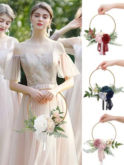 1件金属花环，适用于婚礼新娘、伴娘手持丝绸花环、新娘手持仿真玫瑰花束、西式户外婚礼伴娘手持仿真花环、婚礼仿真、人造花环、户外婚礼手持花环、摄影道具、婚纱配饰、情人节配饰