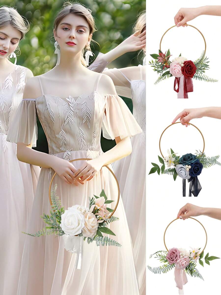 1件金属花环，适用于婚礼新娘、伴娘手持丝绸花环、新娘手持仿真玫瑰花束、西式户外婚礼伴娘手持仿真花环、婚礼仿真、人造花环、户外婚礼手持花环、摄影道具、婚纱配饰、情人节配饰