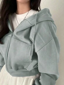 女士休闲纯色连帽抽绳长袖拉链夹克，带口袋，适合日常通勤，秋冬季