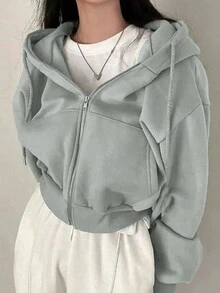 女士休闲纯色连帽抽绳长袖拉链夹克，带口袋，适合日常通勤，秋冬季