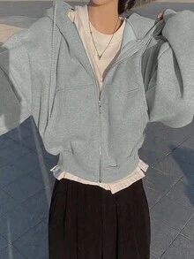 女士休闲纯色连帽抽绳长袖拉链夹克，带口袋，适合日常通勤，秋冬季