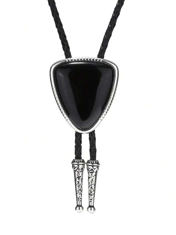 1pc Original Design Large Triangle Gemstone Bolo Tie, Adjustable Sliding Necklace, Western Cowboy Bolo Tie Collar Accessory, Unisex Casual Party Wedding Groomsmen Versatile Leather Cord Pendant, Great Gift Idea
