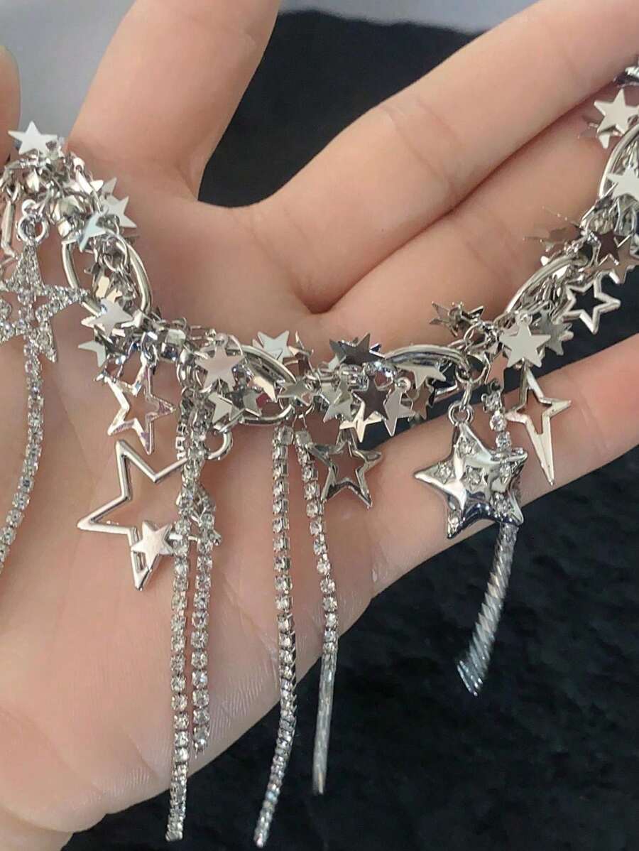 1 chiếc vòng cổ tua rua thời trang với đá Cubic Zirconia, vòng cổ thiết kế sang trọng cho bữa tiệc - Bạc - Xem 1