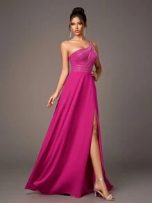 女式水钻点缀单肩露背高开衩腰系带晚礼服，优雅奢华的紫红色单肩修身开叉正式礼服，适合所有正式场合，如音乐会、婚礼、派对、庆典、舞会和伴娘、派对礼服、婚礼宾客 - 玫紅色 - 查看 6