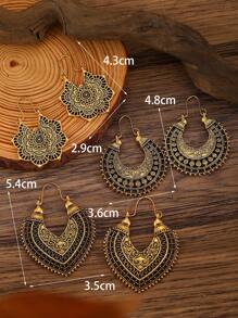 3 pares de aretes vintage tipo bohemio con diseños florales y líneas geométricas huecas, aptos para mujeres