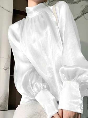 Long Sleeve Elegant Vintage High Collar Wrap Cuff Blouse