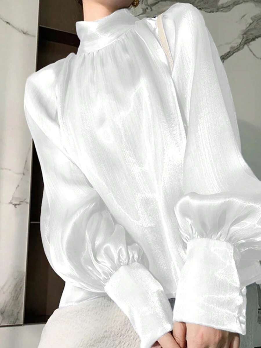 长袖优雅复古高领裹袖口衬衫 - 白色 - 查看 1