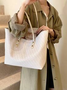 Túi đeo vai thiết kế tối giản dung tích lớn, Túi tote thời trang đa năng & thông thường, Túi xách nữ mới 2024, Vải thoải mái, Họa tiết PU, Thiết kế màu tương phản, Khóa kéo, Dây đeo vai kép có thể điều chỉnh, Nội thất rộng rãi, Túi xách thời trang xuân/hè trực tuyến có kèm túi nhỏ - Màu be - Xem 5