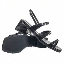 Women's Adult Medium Thick Square Heel Sandal With Thin Adjustable Straps Casual Comfortable - 黑色 - 查看 5