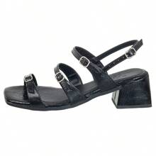 Women's Adult Medium Thick Square Heel Sandal With Thin Adjustable Straps Casual Comfortable - 黑色 - 查看 4