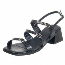 Women's Adult Medium Thick Square Heel Sandal With Thin Adjustable Straps Casual Comfortable - 黑色 - 查看 3