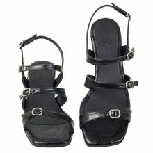 Women's Adult Medium Thick Square Heel Sandal With Thin Adjustable Straps Casual Comfortable - 黑色 - 查看 1