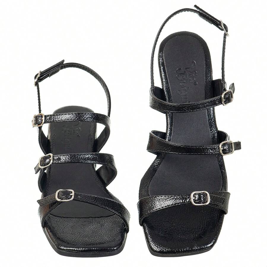 Women's Adult Medium Thick Square Heel Sandal With Thin Adjustable Straps Casual Comfortable - 黑色 - 查看 1