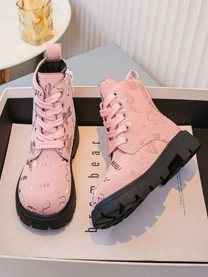 Girls' Shiny Pink Heart Pattern Boots, Comfortable Anti-Skid Outdoor Casual Party  Boots