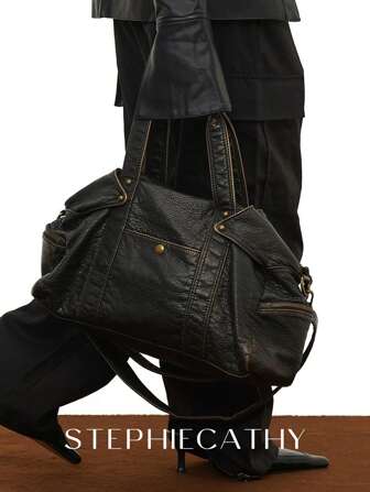 STEPHIECATHY Dam Retro Slouchy Cool Street Style tvättat PU Veganskt läder Dragkedja Stängning Multifunktionella fickor Stor kapacitet Tote Handväska Passar 13' Laptop Justerbar Lång rem Crossbody axelväska Daglig pendling College Övernattning Reseutflykter, Rock Style Väska för kvinnor, Y2k-väska, 2000-talsmodestil, Gotisk Punkväska för kvinnor