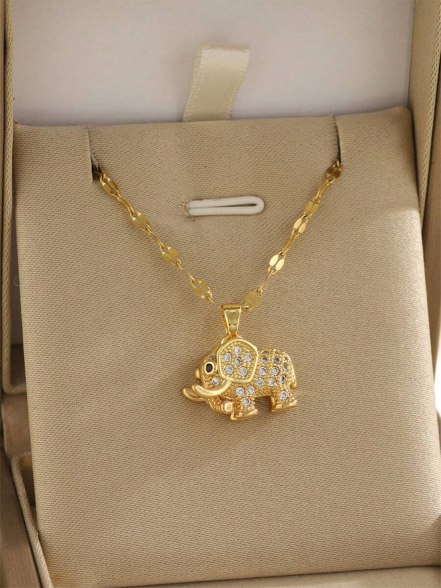 1 chiếc vòng cổ thời trang nữ tông vàng, mặt dây chuyền hình voi bằng đá CZ, dây chuyền xương đòn hình voi nhỏ bằng thép titan 18K đính kim cương - con voi - Xem 1