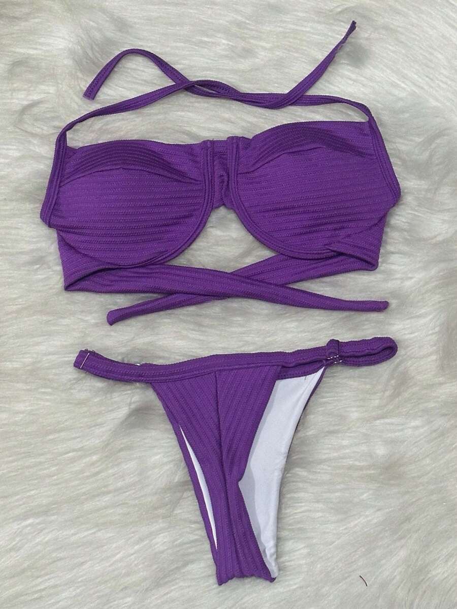 TRICO-ZHU Two-Tone V-Neck Bikini With Padded Bra FIDA Panties Asa Delta Gringa Fashion Women's Clothing Beachwear Factory Has Two Different Panty Sizes.2024NEW - Màu tím - Xem 1