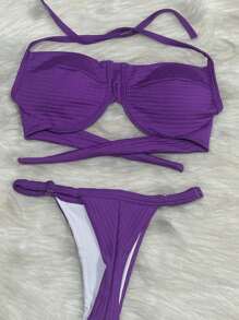 TRICO-ZHU Two-Tone V-Neck Bikini With Padded Bra FIDA Panties Asa Delta Gringa Fashion Women's Clothing Beachwear Factory Has Two Different Panty Sizes.2024NEW - Màu tím - Xem 2