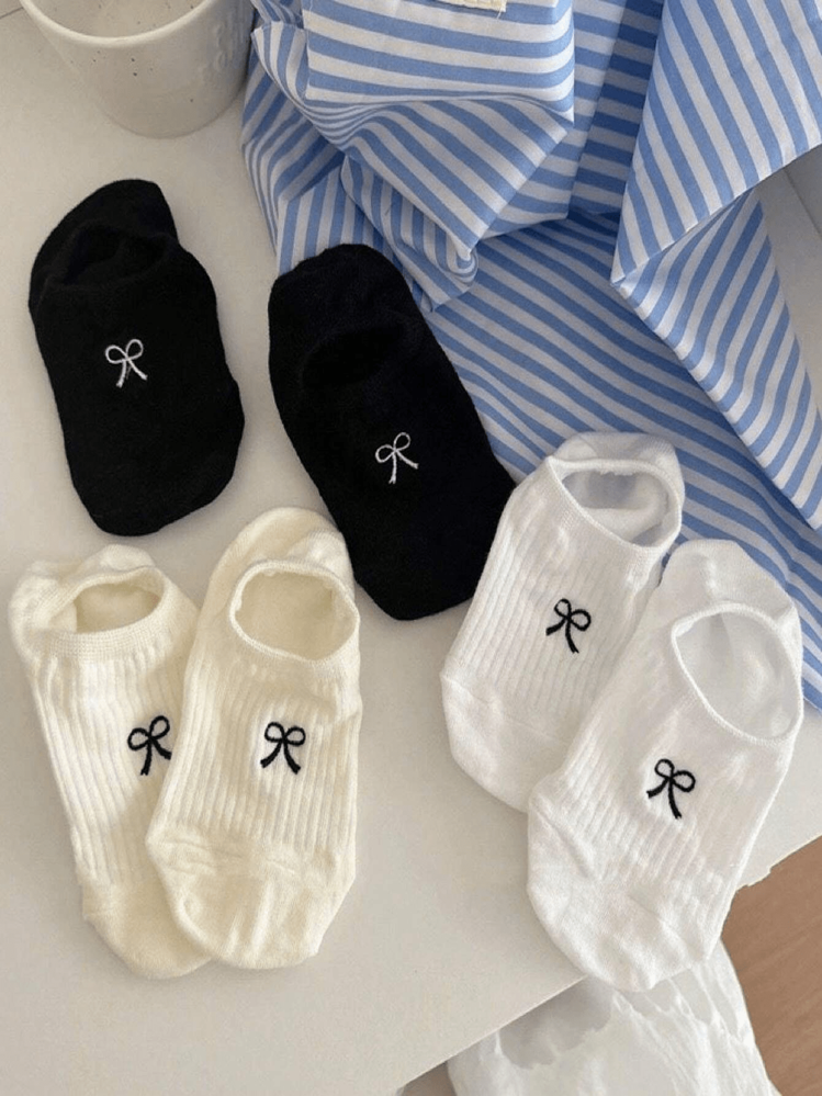 5pairs Women Socks Sweet Bowknot Simple Boat Socks Invisible Socks Ankle Socks Valentine's Day - Butterfly Embroidery - View 4