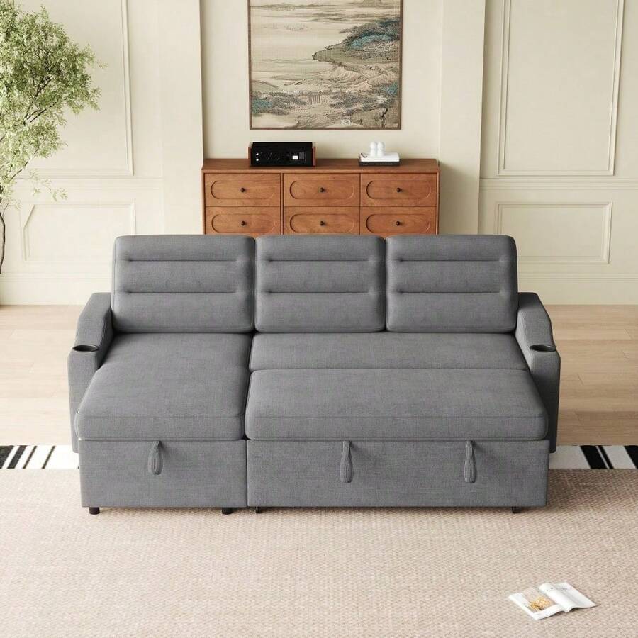 Dark Grey 83.5 Convertible Polyester Combination Sofa Bed, Rollaway Bed, Recliner With Storage And Cup Holder, Suitable For Living Room, Bedroom, Office - 深灰色+布料+泡棉+3人座 - 查看 1