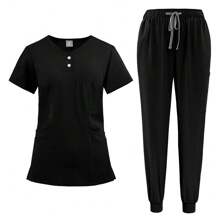 Women Healthcare Work Scrub Uniform Set, Patch Pockets V-Neck Top And Solid Color Pants, Loose Nursing Scrub Uniform Suitable For Hospital Work - Black - View 4