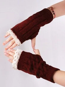 1pair Fabric Hollow Floral Lace Twist Fingerless Knitted Gloves For Women Valentine's Day Valentines