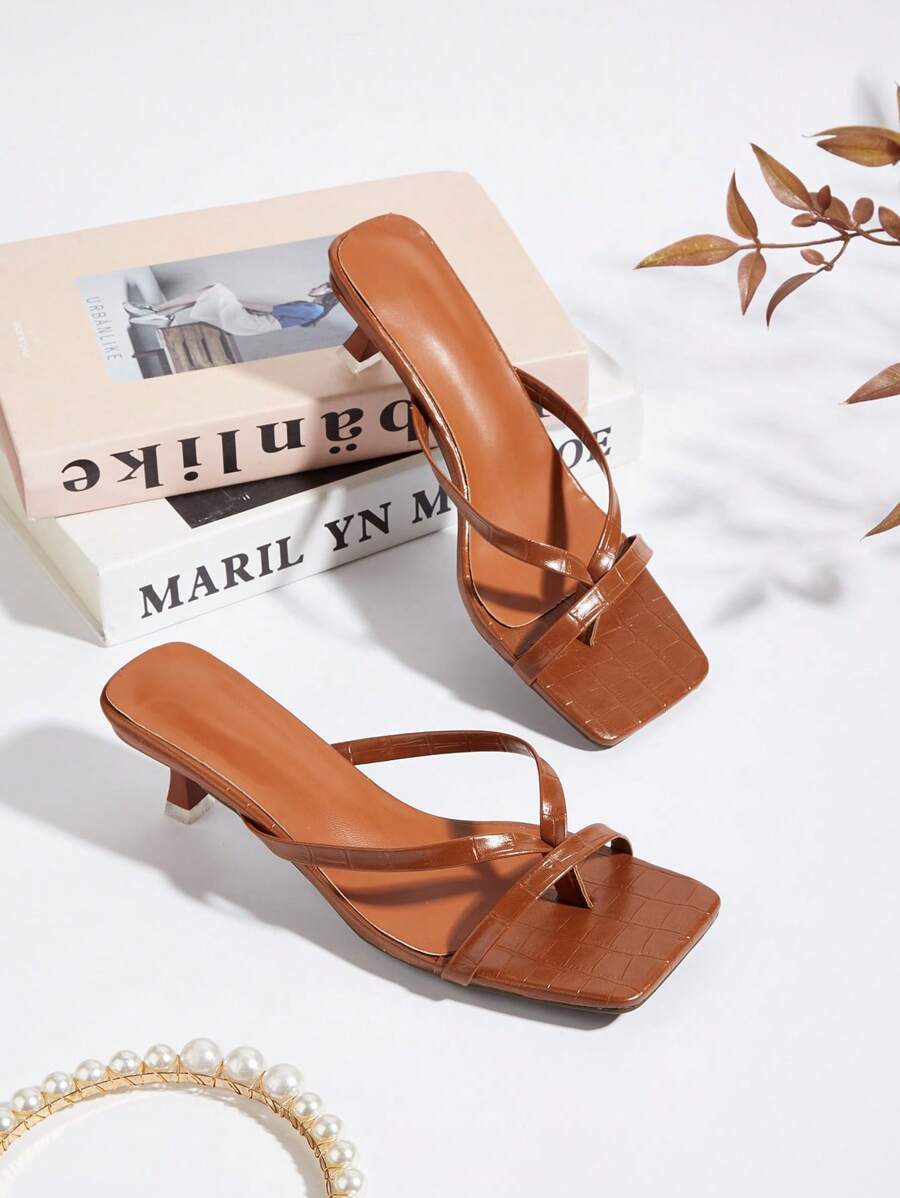 2025 New Fashion Versatile Comfortable Solid Color Stone Texture High Heel Sandals (Stone Texture Random Cut), Kitten Heel - Brown - View 1