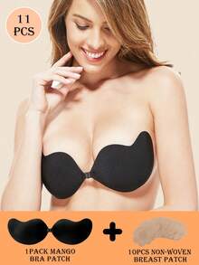 隐形提升文胸（带 10 块无纺布胸贴）无肩带无缝聚拢自粘式文胸，柔软且有支撑力，女士内衣和内裤 黑色 - 黑色 - 查看 1