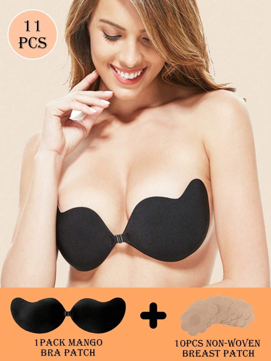 隐形提升文胸（带 10 块无纺布胸贴）无肩带无缝聚拢自粘式文胸，柔软且有支撑力，女士内衣和内裤 黑色 - 黑色 - 查看 1