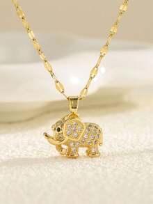 1 chiếc vòng cổ thời trang nữ tông vàng, mặt dây chuyền hình voi bằng đá CZ, dây chuyền xương đòn hình voi nhỏ bằng thép titan 18K đính kim cương - con voi - Xem 2