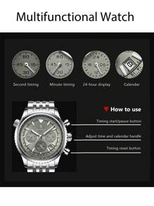 POEDAGAR 1件男士时尚石英表，不锈钢多功能日期计时防水夜光指针腕表，适合商务场合