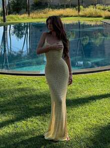 Sexy Backless Sheer Slit Camisole Dress Swimsuit Cover Up, Summer Vacation Dress - Apricot - View 2