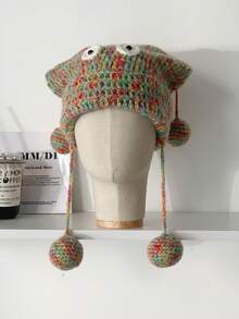 1pc Cute Colorful Tassel Ball Knitted Beanie Hat For Women, Warm Earflap Slouchy Oversized Winter Hat Christmas - Multicolor - View 3