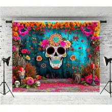 Tela de fondo para el Día de los Muertos tradicional mexicano, con pintura colorida de flores, calavera, vela, decoración para fotografía de retrato, bandera de vinilo, decoración navideña - Multicolor - Ver 3